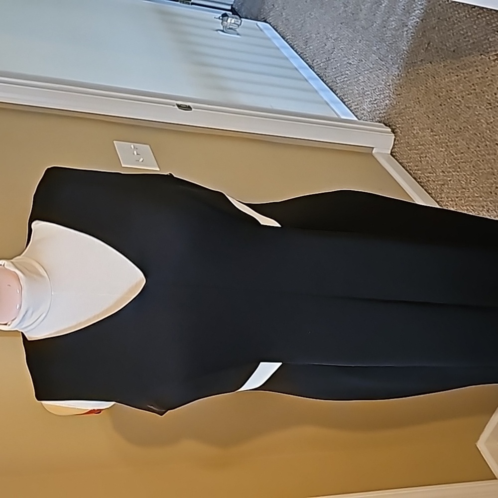 Calvin Klein size 16 black sheath dress with white stripes on the sides